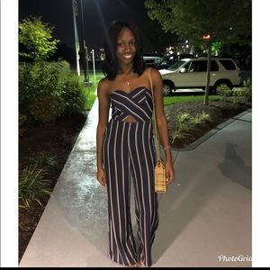 Navy Blue strapless Jumpsuit with tan stripes